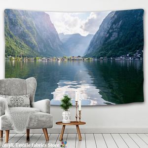 Live -Foto klares Berg und grünes Wasser Großes Landschaft gedruckter Wandteppich Psychedelic Wall Hanging Bohemian Wall Art Home Decor