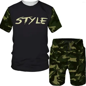 Herrspårspår Camouflag Print Set Suit Hip Hop Harajuku 3D Sports 2 Piece Overdimensionerad sweatshirt O-hals Tshirt Beach Shorts Outfits Man