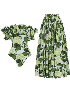 Work Dresses Fitshinling 2024 Summer Beach Matching Sets Swimsuit Skirt Outfits Swimwear Print Sexy Fitness Suit Green Female Clothing