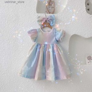 Flickans klänningar Bear Leader Fashion Rainbow paljetter Girl Dress Birthday Party Wedding Girl Dresses Kids Clothes Summer Ball Gown Dress Vestidos L47