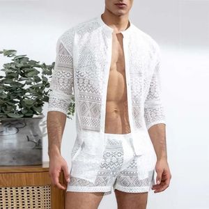 MENS Fashion Set Summer Hollow Out Sexy Spets Shorts Mönster Print Shirt Two Piece Duits Trendy Elegant Beach Clothes Outfits 240408