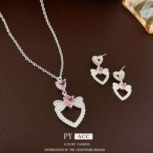 Pink Love Zircon Chain Necklace Earring Jewelry Set for Korean Sweet and Fashionable Design Women