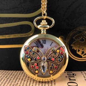 Pocket Watches Gold Butterfly Skeleton Quartz Pocket Pocket Personalizado Mulheres Pingente de Colher com Cadeia Presentes Recarregados Mujer Analogico Y240410