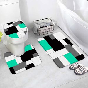 Yaratıcı geometrik banyo paspasları seti siyah gri beyaz turuncu birleştirme deseni ev banyo halı kapı halı kayma önleyici tuvalet kapak paspas