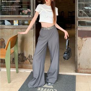 Kvinnors byxor 2024 Summer Korean Kontrast Färgsekvenser Splicing Loose Wide Leg Women bow kortärmad t-shirt Tvådelad kostym