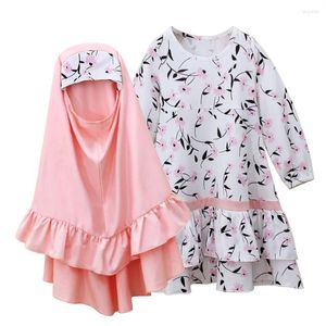 Ethnic Clothing Flower Printed Girls Abaya Hijab Muslim Maxi Prayer Dress Set Kids Islamic Arab Robe Kaftan Headscarf Turkey Ramadan Clothes