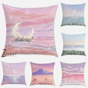 Kissen rosa Sonnenuntergang Glow Sea Beach Lanscape Schwimmmond Cover Rose Pflanze Heilungsserie Japanische Anime Wurf Kissenbezug Shutple