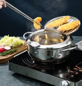 Fryer Pot with Thermometer Tempura Fryer Pan Kitchen Deep Frying Pot With Oil Drain Rack Kitchen Utensils Cookware