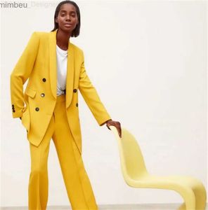 Kvinnors kostymer blazers gula modesbyxa för kvinnor dubbelbröst kappa + byxor kontor damer avslappnade långa ärmar blazer rak ben trussl240117