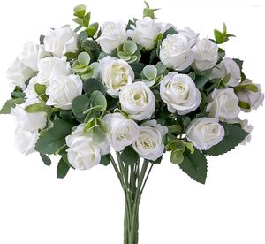 Flores decorativas 10 cabeças de flor artificial rosa rosa peônia buquê branco eucalipto folhas falsas para decoração de decoração de casamento decoração