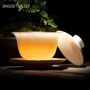 Suet Jade weißes Porzellan Gaiwan Teetasse handgefertigt Keramik Tee Tureen Home Tea Getränke Travel Tasse Chinesische Teezeremonie