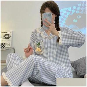 Womens Sleepwear Night Plaid Autumn Piiama Fl Sleeve Style Pieces Women Sets Pocket 2 Wears Pants Long Ruffles Korean Pajama Drop Deli Dh3Lp