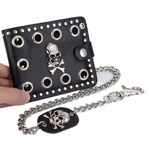 leather Cool Punk Gothic Western Skull Clutch Purse Wallets With Chain For Men f9mb#