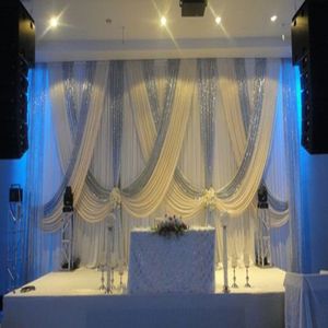 Backdrop di matrimonio bianco da 10 piedi x 20 piedi con swag argento lucido Drape da sposa Decorazione stage253a