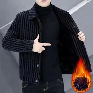 Men's Jackets Men Jacket Winter Autumn Striped Single-breasted Short Tweed Thick Warm Cardigan Plus Size Mid Length Velvet Male Coat