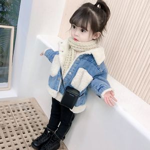 Herbst Kinder Jean Weste Vlies Thermal Faux Fell Weste Mädchen Jacken Winterkleidung Kleinkind Casual Denim Solid Color Baby Girl Jackets