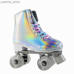 Inline Roller Skates Silver and Gold PVC Leather Roller Skates Double Row Women Men Adult Two Line Skateboard Shoes Patines With PU 4 Wheels Y240410