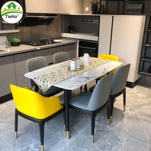 Tieho Rock Board Marble طاولة الطعام كرسي مجموعة أثاث المطبخ 120 سم طاولة طعام مع 6 كراسي الإطار الخشب الصلب