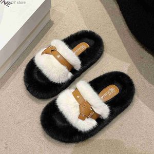 Slippers Plush Dolls Thick soled plush slippers for womens outerwear 2023 autumn and winter new fashionable high aesthetic fairy style belt buckle H240410