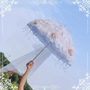 Regenschirme Hochzeitsmädchen Regenschirm Lolita Design Pink POGRAY ART BLUME süße Luxus Frau Langer Griff Goth Dekor Sunny Engel