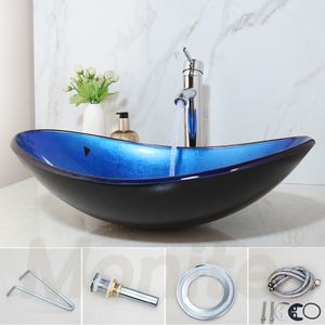 Monite Temped Glass Basin Deink Rubinet Set Washroom Waone Vanity Vanity Washbasin Countering Waterfall Chrome Black Faucet Black