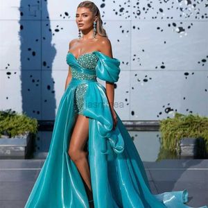 Urban Sexy Dresses Ocean Blue Evening Dresses Pleated Off Shoulder Beadings Side Slit Ruched Prom Dress Africa Arabia Celebrity Party GOWNSCL-390 24410