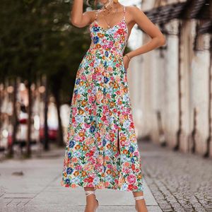 Casual Dresses Fashion Summer 2024 Plus Size Prints Maxi Dress Halter Neck Backless Smocked Boho Sexig för kvinnor