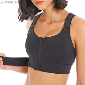 Roupa de ioga feminino esportivo de bras de brasas colheita de ioga com zíper mais frontal de ioga plus size tira ajustável à prova de choque de choques atléticos brassiere y240410y240418m4ny