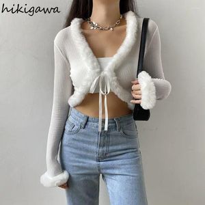 Damen Strick Mode Cropped Strickjacke Mantel Frauen Kleidung Patchwork Furry Verband Pull Femme Langarm Tunika Sexy Strickpullover Y2K