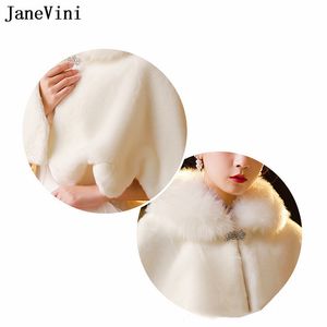 JaneVini 2022 Beaded Bride Fur Bolero Jacket Womens Faux Fur Shawl Wraps Shrugs Etole Fourrure Winter Bridal Wedding Capes Cloak