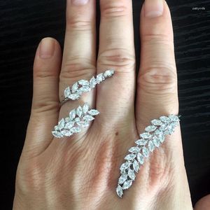 Cluster Rings Rendy Women's Three Finger Ring Cubic Zirconia Link Leaf One Piece Wedding Jewelry