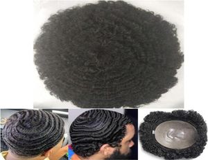 Afro Curl 360 Wave Full Pu Toupee Mens Wig Lace Unit Hairpieces Brasilianska jungfruliga mänskliga hårbyte för Black Men3058222