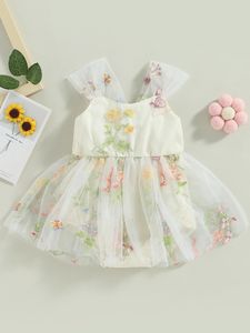 Baby Girl Blumengestickte Stramplerkleid mit Mesh Tutu Tüllrock entzückend ärmelloses Säuglings -Outfit für den Sommer 240329