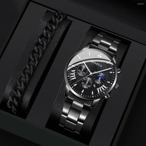 Wristwatches 2PCS Fashion Mens Black Bracelet Watches Set Men Business Stainless Steel Quartz Watch Male Calendar Wristwatch