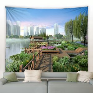 Spring Garden Landscape Big Tapestry Fence Natural Flower Plant Scenery Wall Hanging Home Living Room Courtyard Decor Picnic Mat