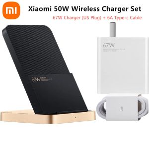 Chargers Xiaomi 50W Wireless Charger Set With 67W Charger 6A Cable Vertical Air Cooling Fast Charge For Xiaomi 13/12/11 Series For iPhone
