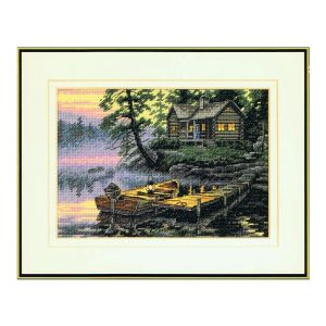 Amishop Top Quality Beautiful Lovely Counted Cross Stitch Kit Morning Lake Village Boat Vessel House Cottage Home Dim 65091