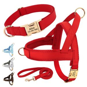 Customized Leather Dog Collar Harness Leash Set Personalized Pet Mesh Vest ID Leads For Small Medium Large Dogs 240328