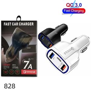 35W billaddare PD Typ C USB -portar 7A Fast Charging Car Charger Dual USB Auto Adapter för all mobiltelefonladdare med detaljhandelsbox 828DD