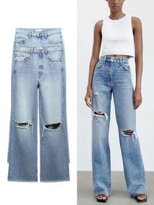 Trafza Women's Loose Hole Decoration High-Waisted Jeans Fashion汎用性の高い広い足のズボンエレガントなファッションの女性服