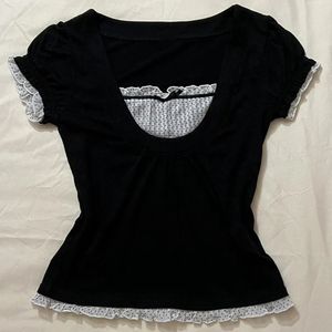T-shirt coreano Kawaii Patchwork T-shirt Y2K estético vintage MilkMaid Top Fairycore Grunge Square Collar Sleeve Crop Top 240410