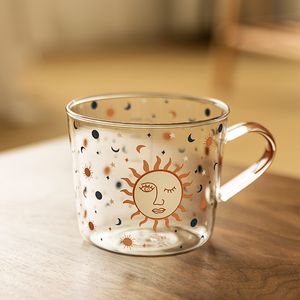 500ml Yaratıcı Ölçekli Cam Kupa Kahvaltı Mlik Coffe Cup Çift Su Kupası Güneş Desen İçecek Yazılımı