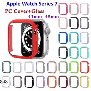 360 Full Cover PC-fodral Hemdrat Glass Anti-Scratch Film Screen Protector för Apple Watch Series 7 Watch7 IWATCH7 41mm 45mm med detaljhandelspaket 848DD