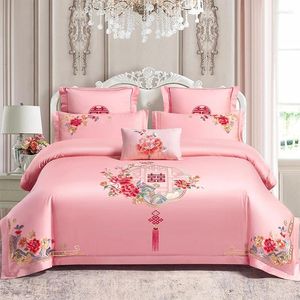 Bordamento de cama rosa de luxo rosa Bordado de casamento chinês 4pcs Conjunto de 800tc egípcio com zíper de algodão com zíper -de -camas de lençol de lençolas