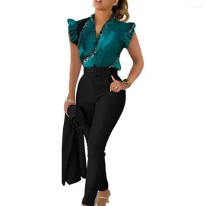 Pantaloni da due pezzi da donna Donne che volavano le maniche da volare con stampa a v-scollo a V-Elegante set di uffici con cinghia in alto a V Neck Top per lavoro