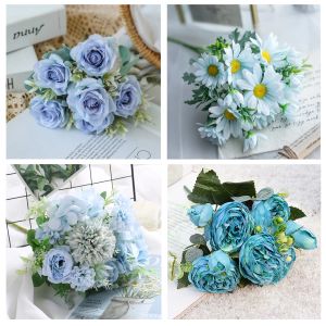1 Bouquet blue Artificial Flowers Peony Tea Rose Autumn Silk Fake Flowers for DIY Living Room Home Garden Wedding Decoration