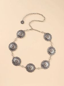 Fashion Antique Silver Leghe Western Floral Circle Floral Conchos Women's Chain Belt 240326