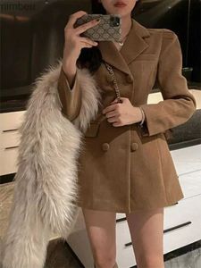 Women's Suits Blazers Lnsozkdg Autumn Winter Long Party Sleeve Temperament Blazer Elegant Women Double Breasted Tunic Woolen Cloth Blazer Women Coat C240410