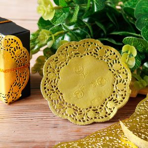 50pcs 3.5" Gold Paper Doilies Napkin Pads Hollowed Lace Paper Mat Lace Doily Doyleys Coasters Placemat Party Weding Decoration