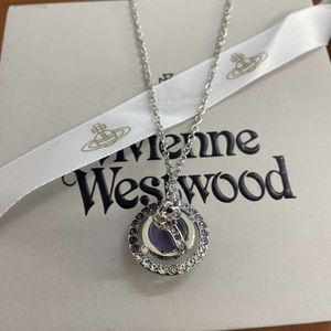 Designer Viviane Westwood Empress Dowager of the West 3D Saturn Purple Ball Necklace Womens Classic UFO Planet Full Diamond Clavicle Chain High Edition